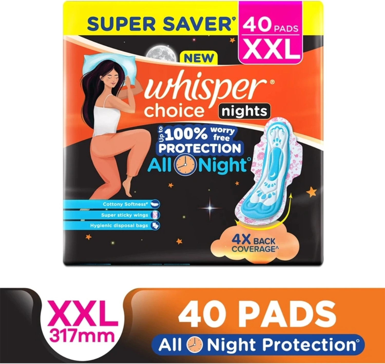 Image of Whisper Choice Night 317 mm XXL 40 ( Pack of 1 ) Sanitary Pad