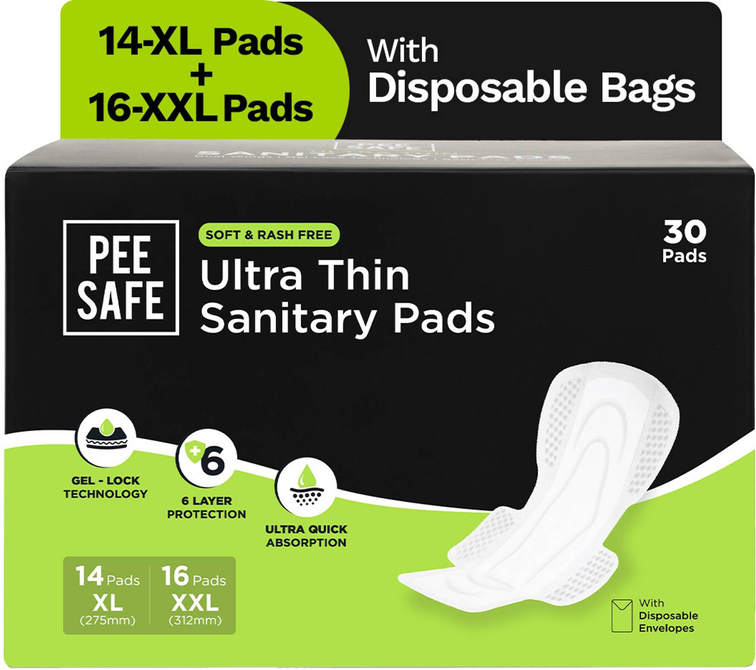 Pee Safe Ultra Thin Sanitary Pad For Women (14 XL + 16 XXL) Dual