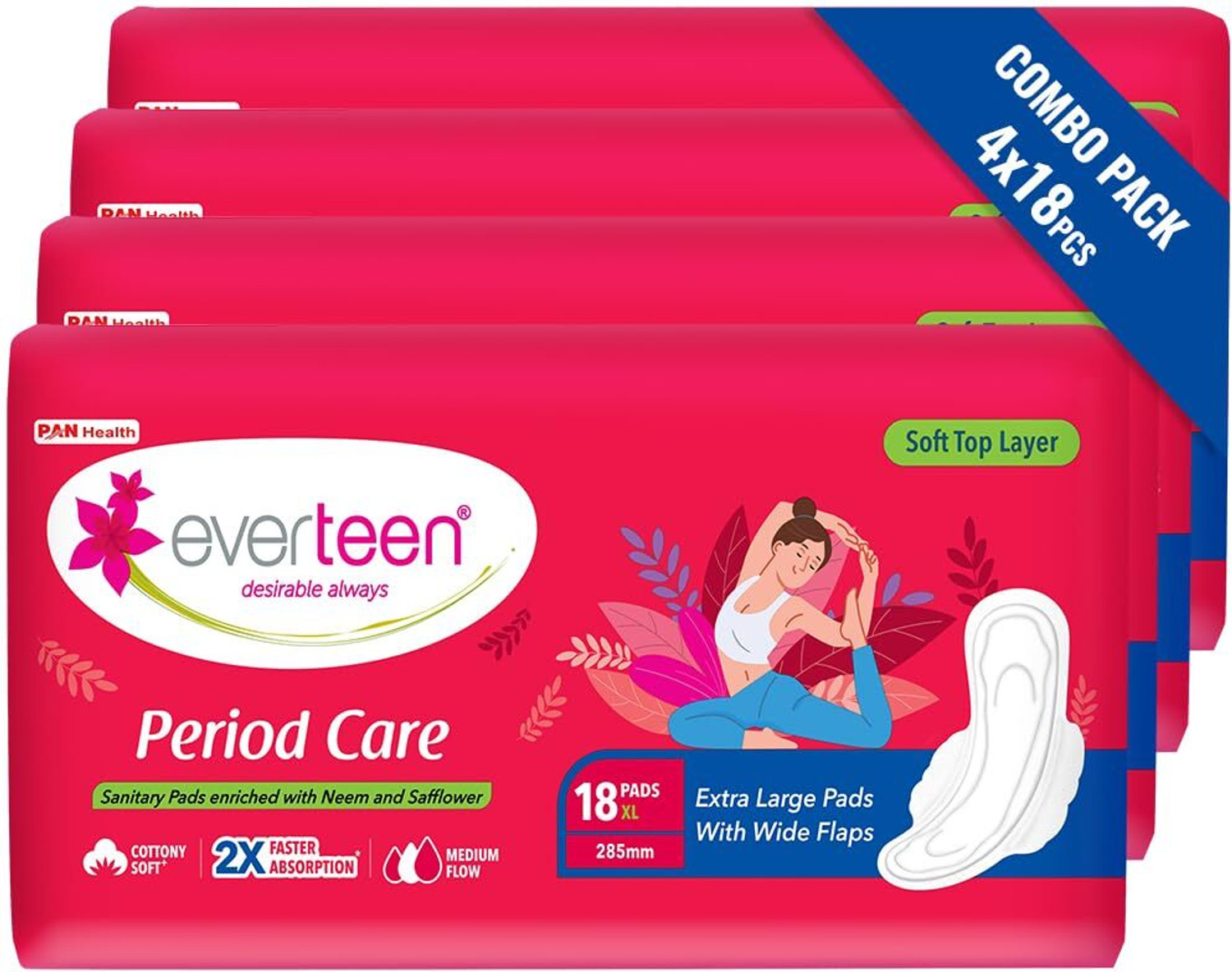 Image of everteen Soft XL 72 Sanitary Pads, 285mm, Medium Flow, Leak Protection, Pack of 4 Sanitary Pad