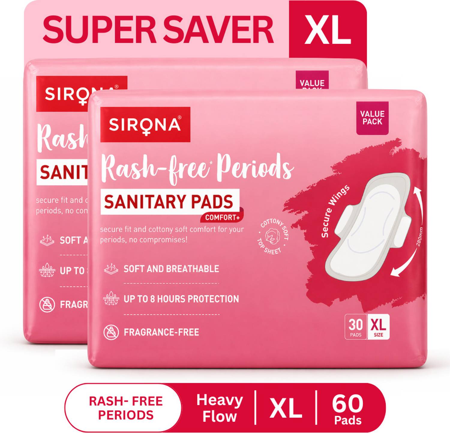 SIRONA Rash-Free Cottony Soft | For Heavy Flow & Leak Protection | Super Saver Pack-XL Sanitary Pad