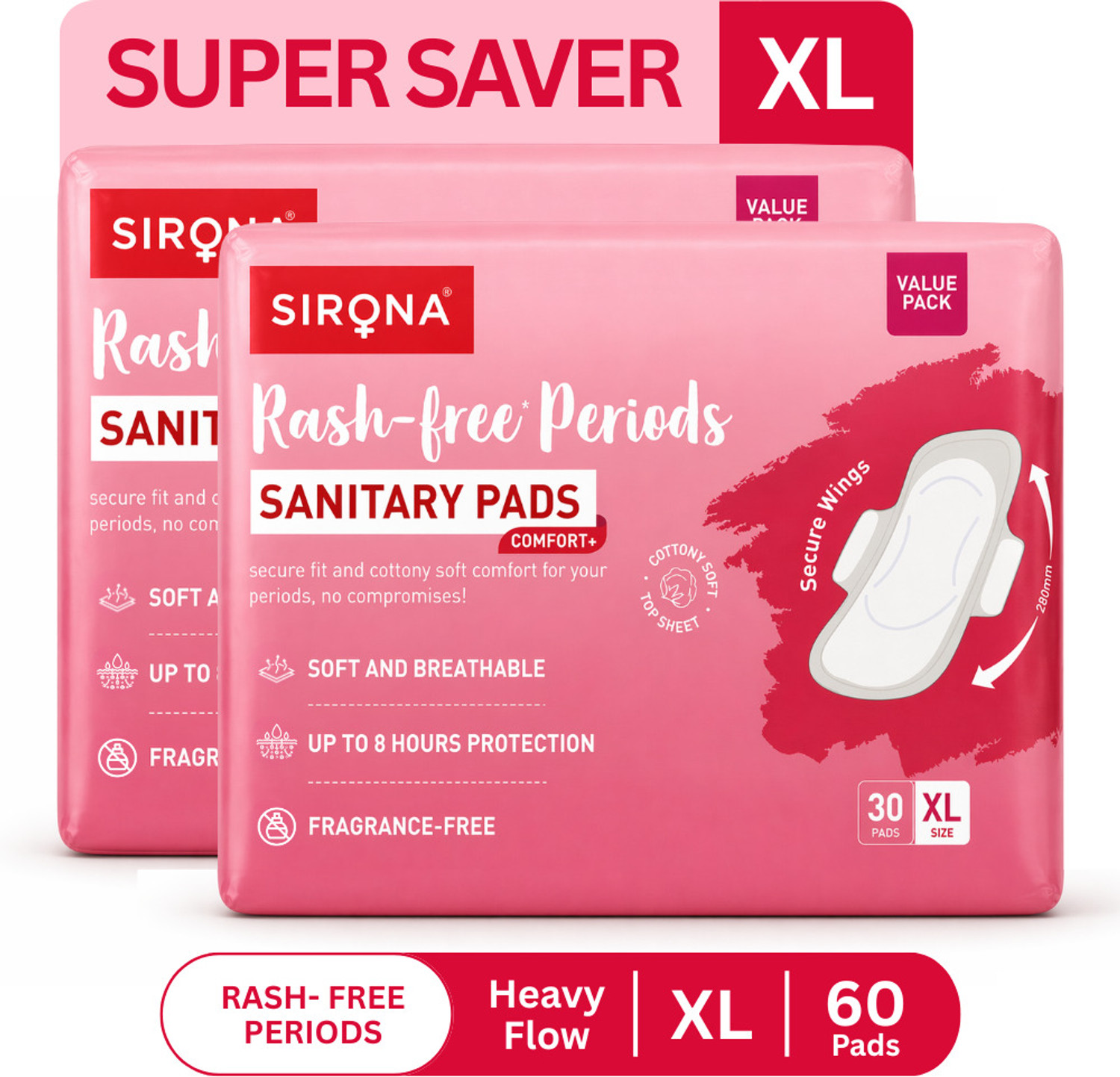 Image of SIRONA Rash-Free Cottony Soft | For Heavy Flow & Leak Protection | Super Saver Pack-XL Sanitary Pad