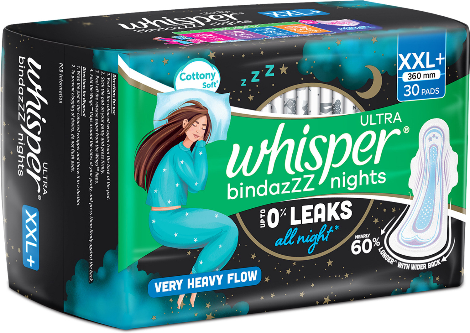 Image of Whisper Bindazzz Nights XXL+, Upto 0% Leaks All Night Long Sanitary Pad