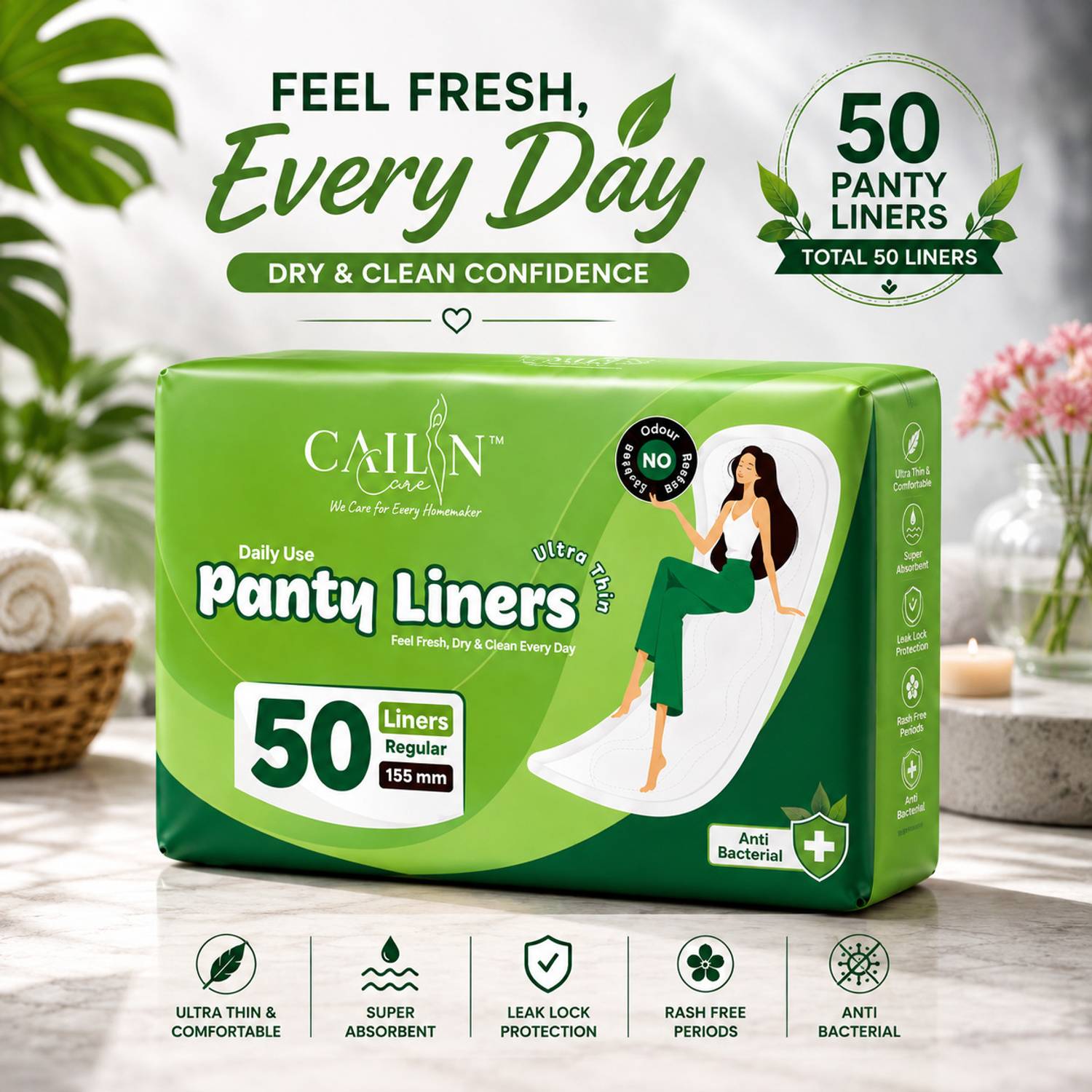 Cailin Care Cotton Anion Chip Ulta Thin Daily Use Panty Liner for Women (155mm|Regular) Pantyliner