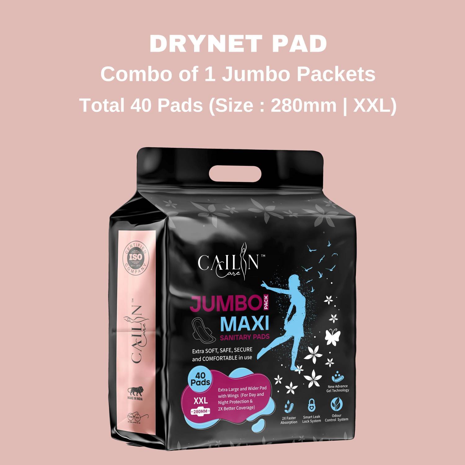 Cailin Care 280mm- XXL Jumbo INSTANT DRY Antibacterial Rash Free Extra Soft Sanitary Napkin Sanitary Pad