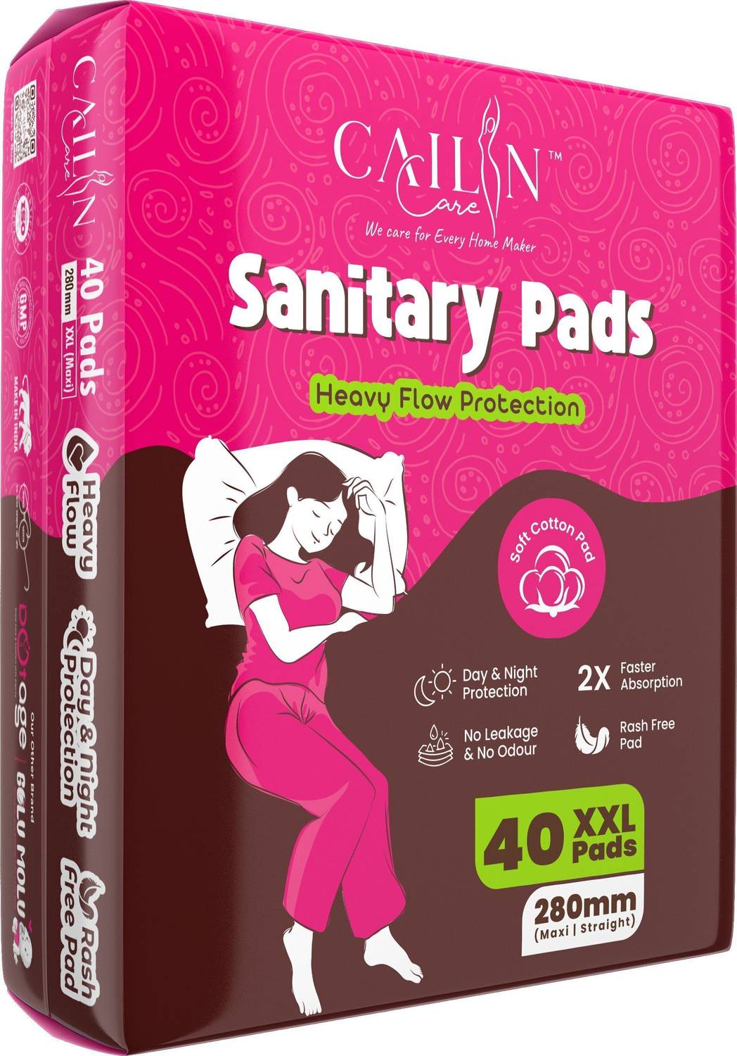 Cailin Care Soft Cotton Leakage, Odour, Rash Free 280mm XL Straight Heavy Flow Protection Sanitary Pad