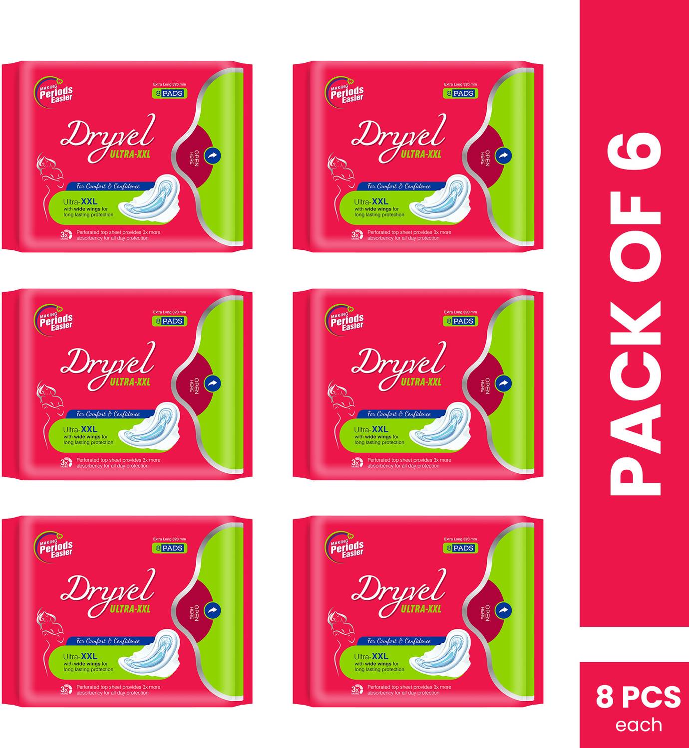 Dryvel Ultra XXL | 320mm Extra Long Odour Control | Wide Wings & 3X Absorbency Sanitary Pad