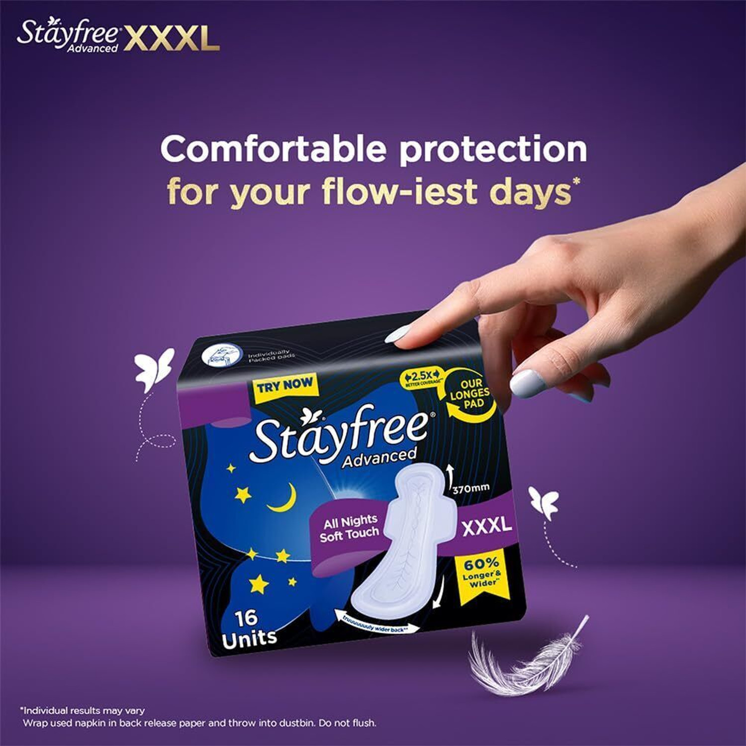 Image of STAYFREE XXXL Thin Sanitary Pads for Women | 16 Soft Cotton Pads All Night Ultra Comfort Sanitary Pad