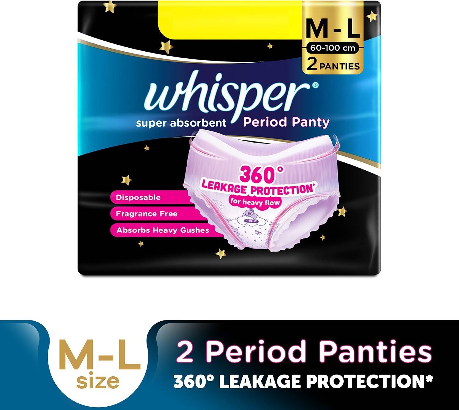 Whisper Super Absorbent Period Panty, 2 M-L Pants Sanitary Pad