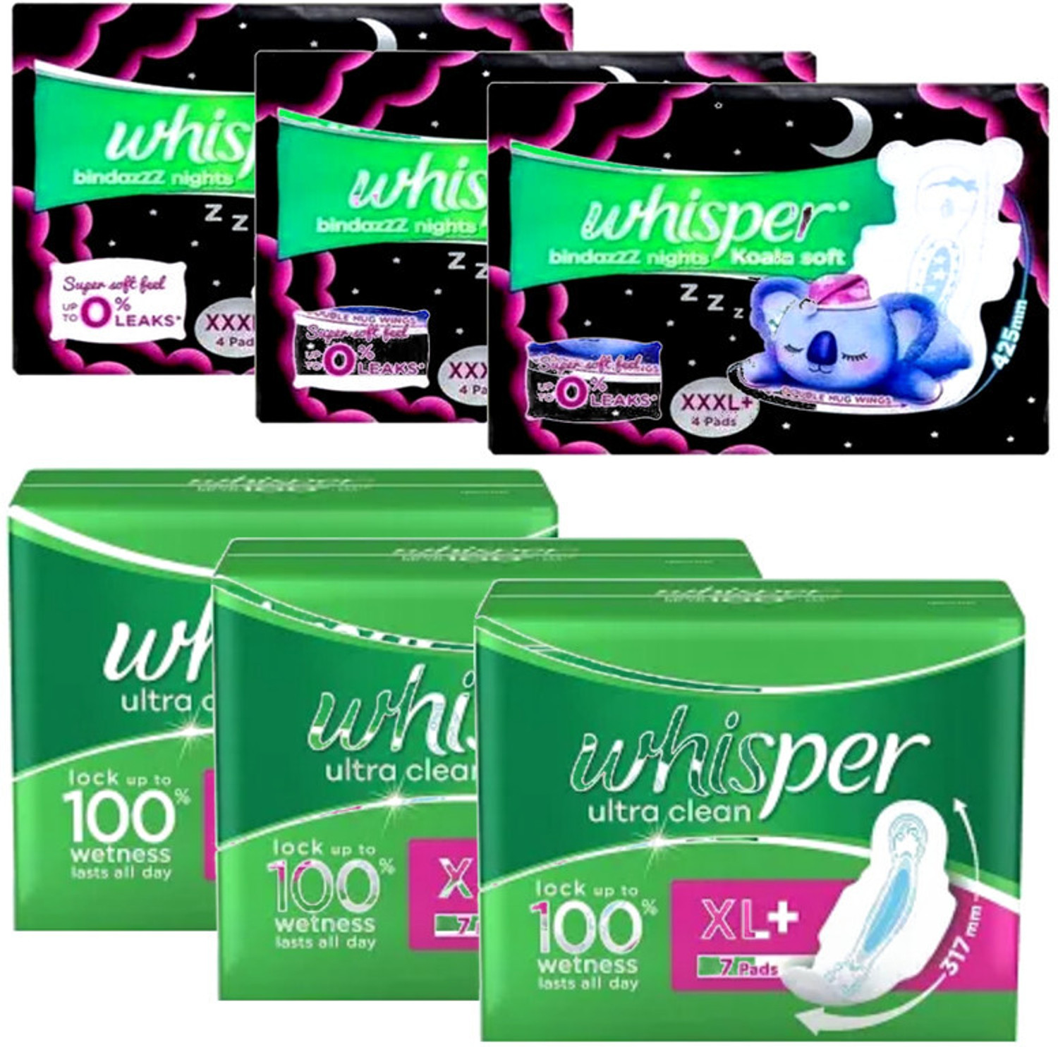 Image of Whisper bindazzz night xxxl 4+4+4+ ultra clean xl 7+7+7 pads 33 Sanitary Pad