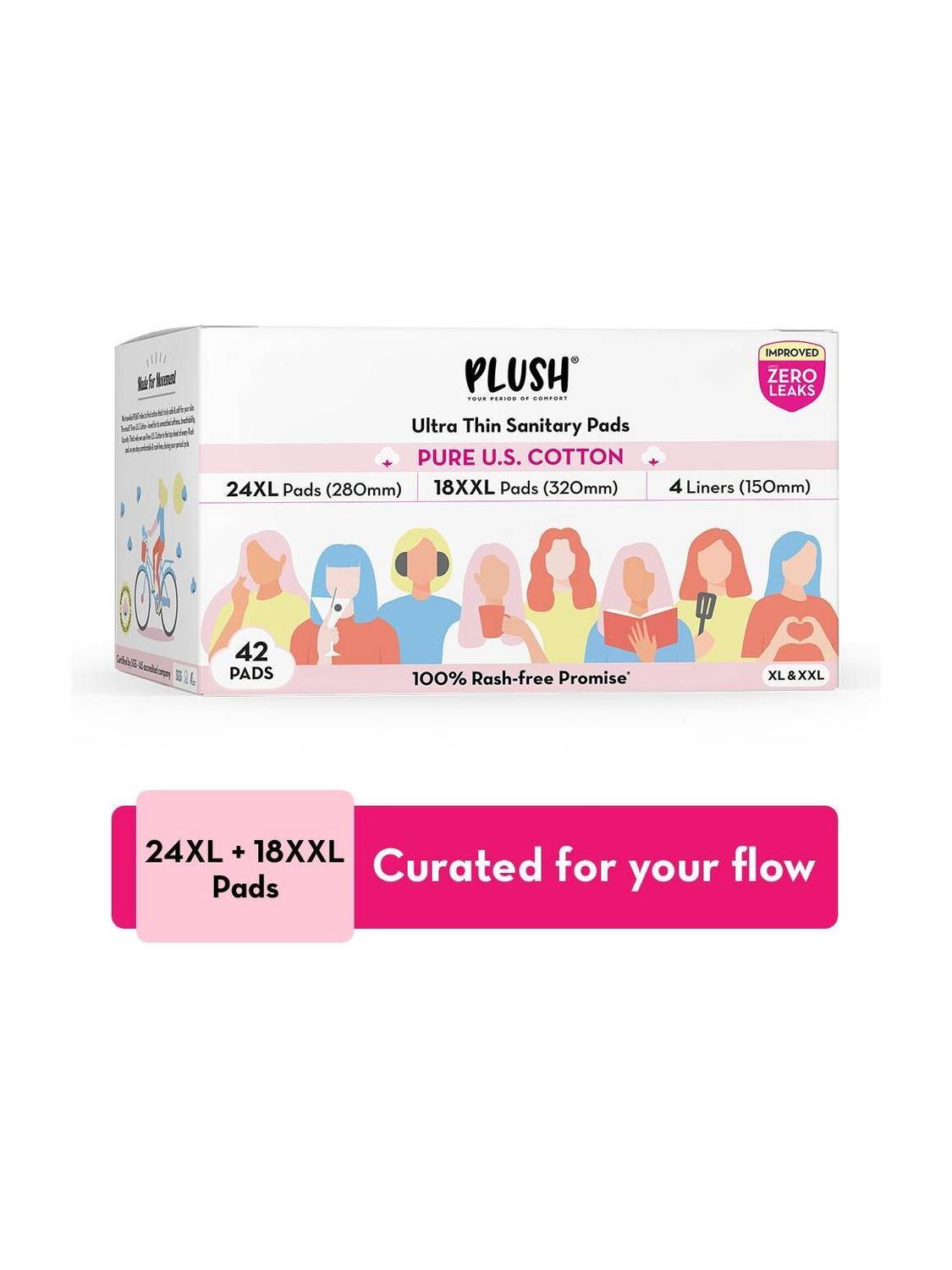 PLUSH Ultra Thin Sanitary Pads 100% US Cotton Rash-free | 24XL +18XXL + 4 Liners Sanitary Pad