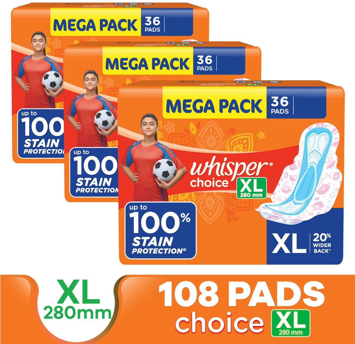 Image of Whisper CHOICE XL, UPTO 100% STAIN PROTECTION ALL DAY Sanitary Pad