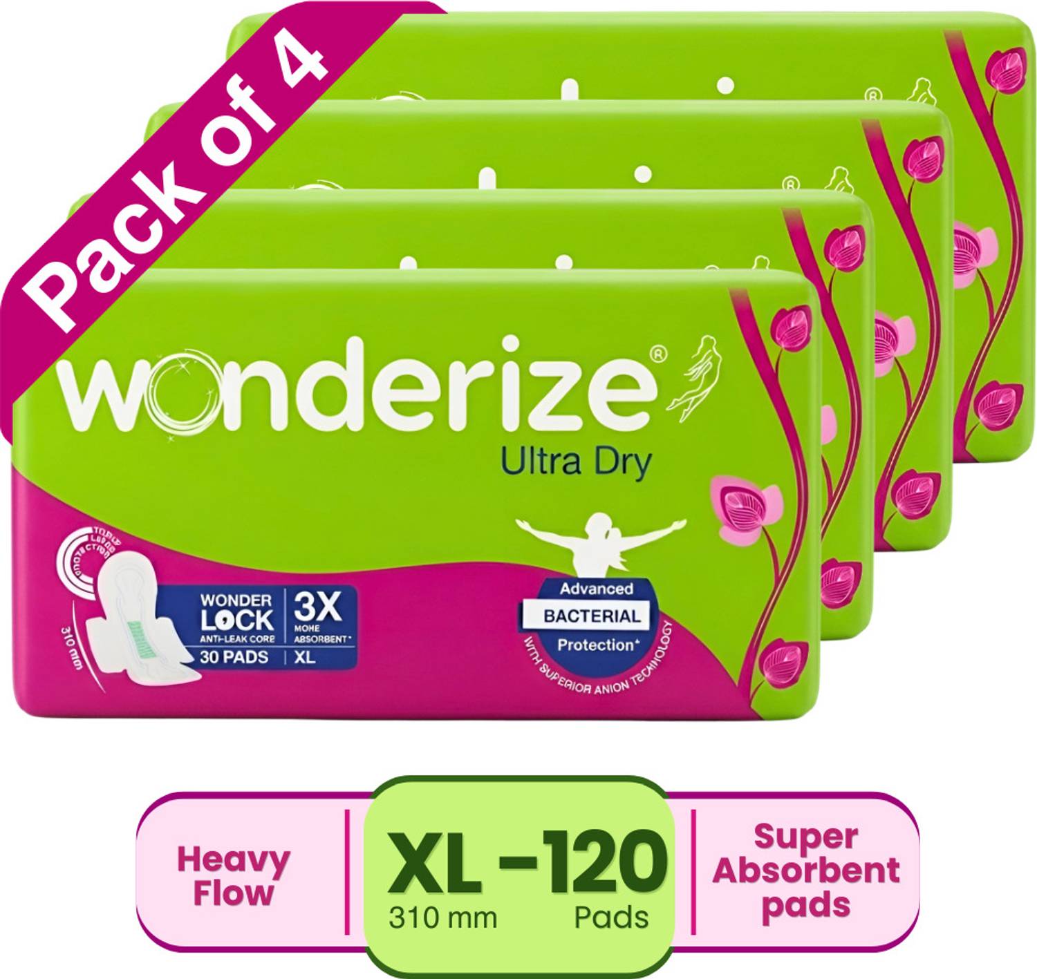 Wonderize Ultra Dry XL Super Soft Rash Free Advanced Bacterial Protection Pads for Women Sanitary Pad