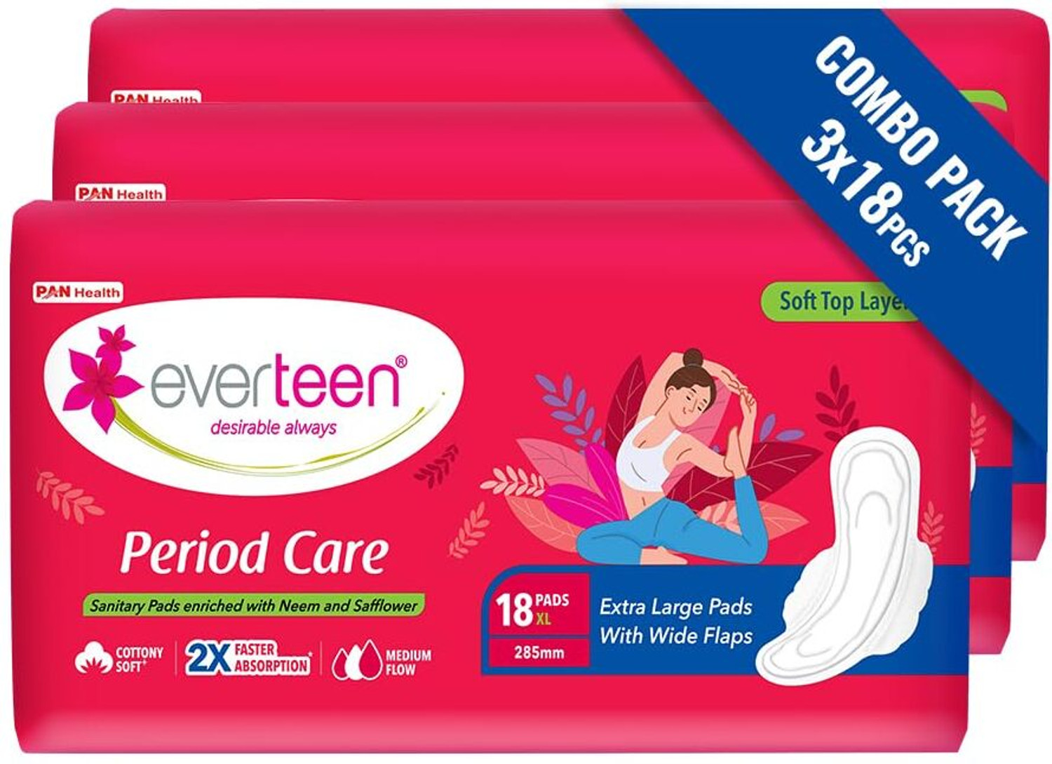Image of everteen Soft XL 54 Sanitary Pads, 285mm, Medium Flow, Leak Protection, Pack of 3 Sanitary Pad