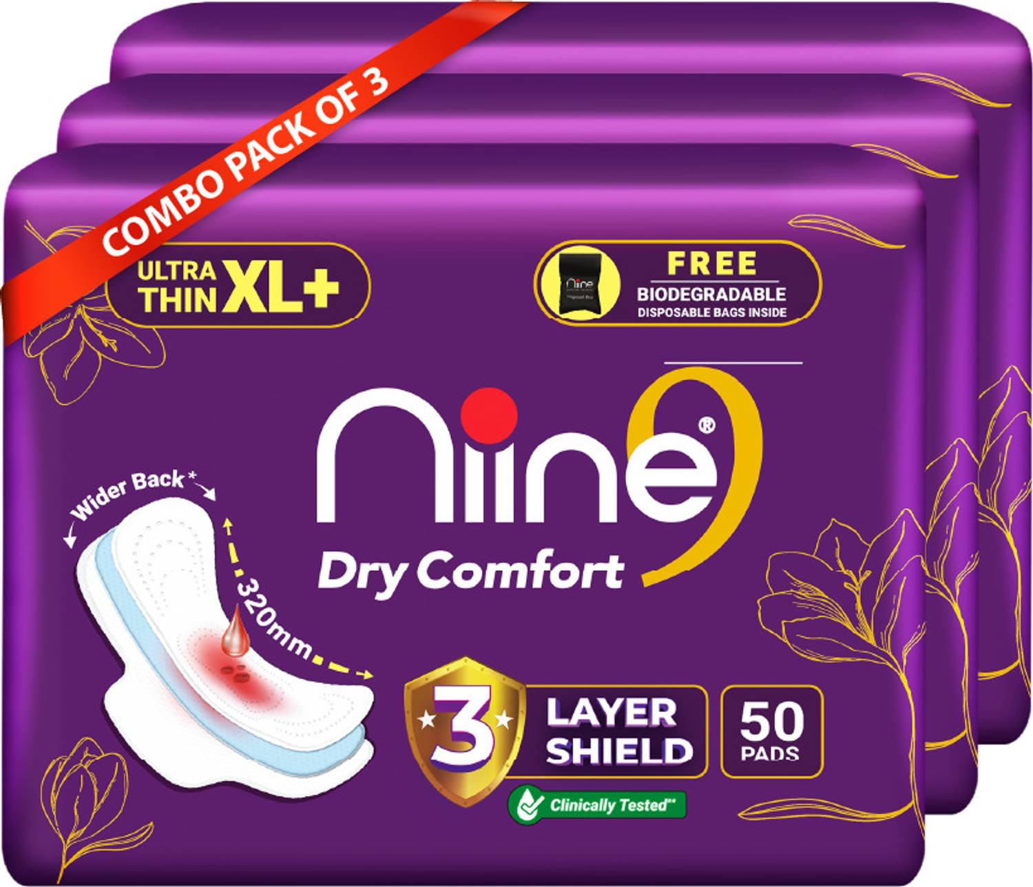 niine Dry Comfort Ultra Thin XL+ with Disposable Bags | 3-Layer Shield for Heavy Flow Sanitary Pad