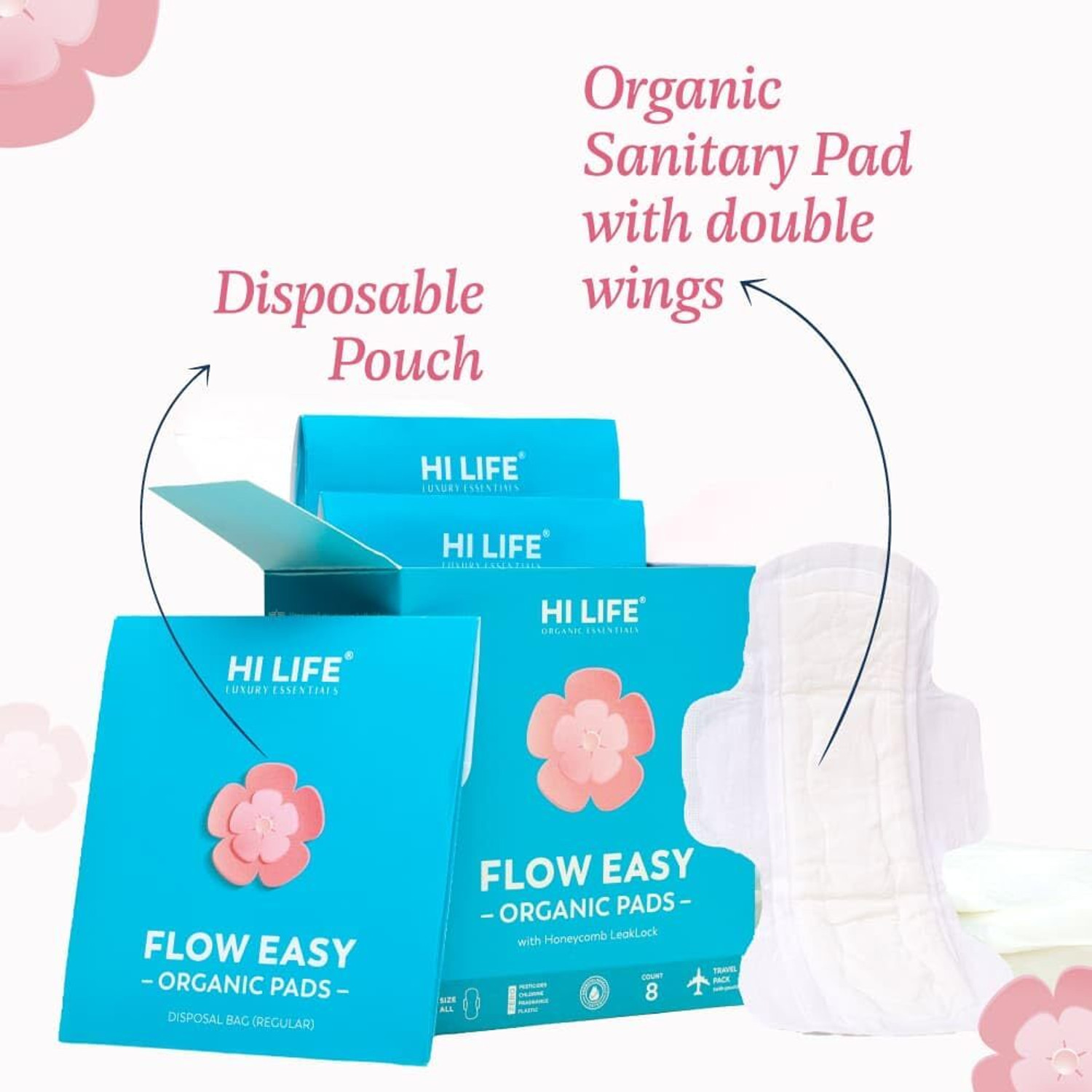 Image of Hi Life XXL Organic Sanitary Pads with Honeycomb Leak Lock for Heavy Flow Sanitary Pad (Pack of 8)