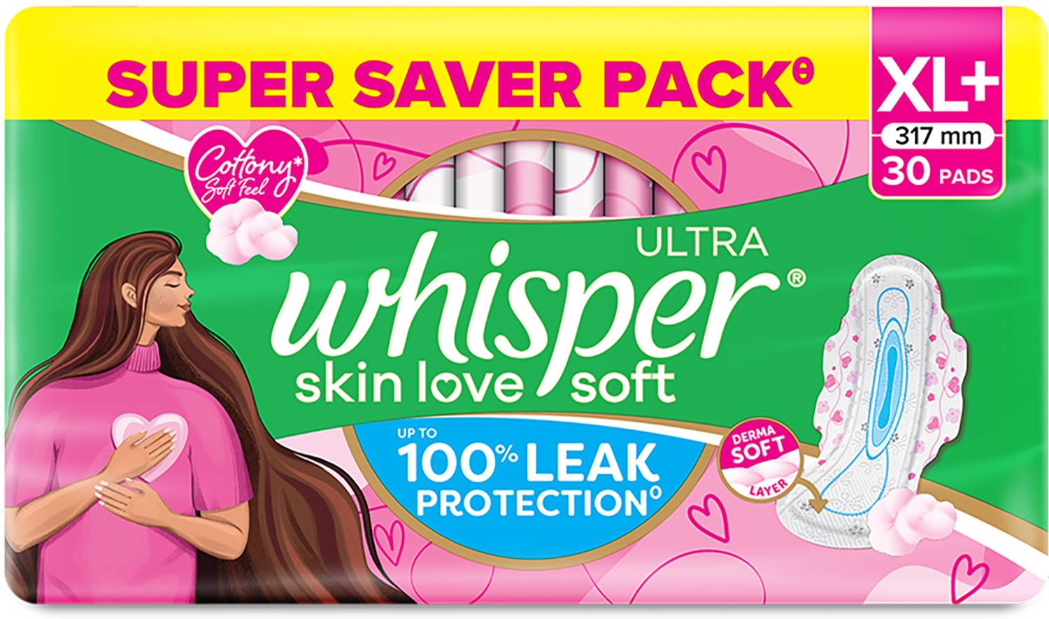 Whisper Ultra Skin Love Soft Sanitary Pads for Women, XL+ 30 Napkins Sanitary Pad
