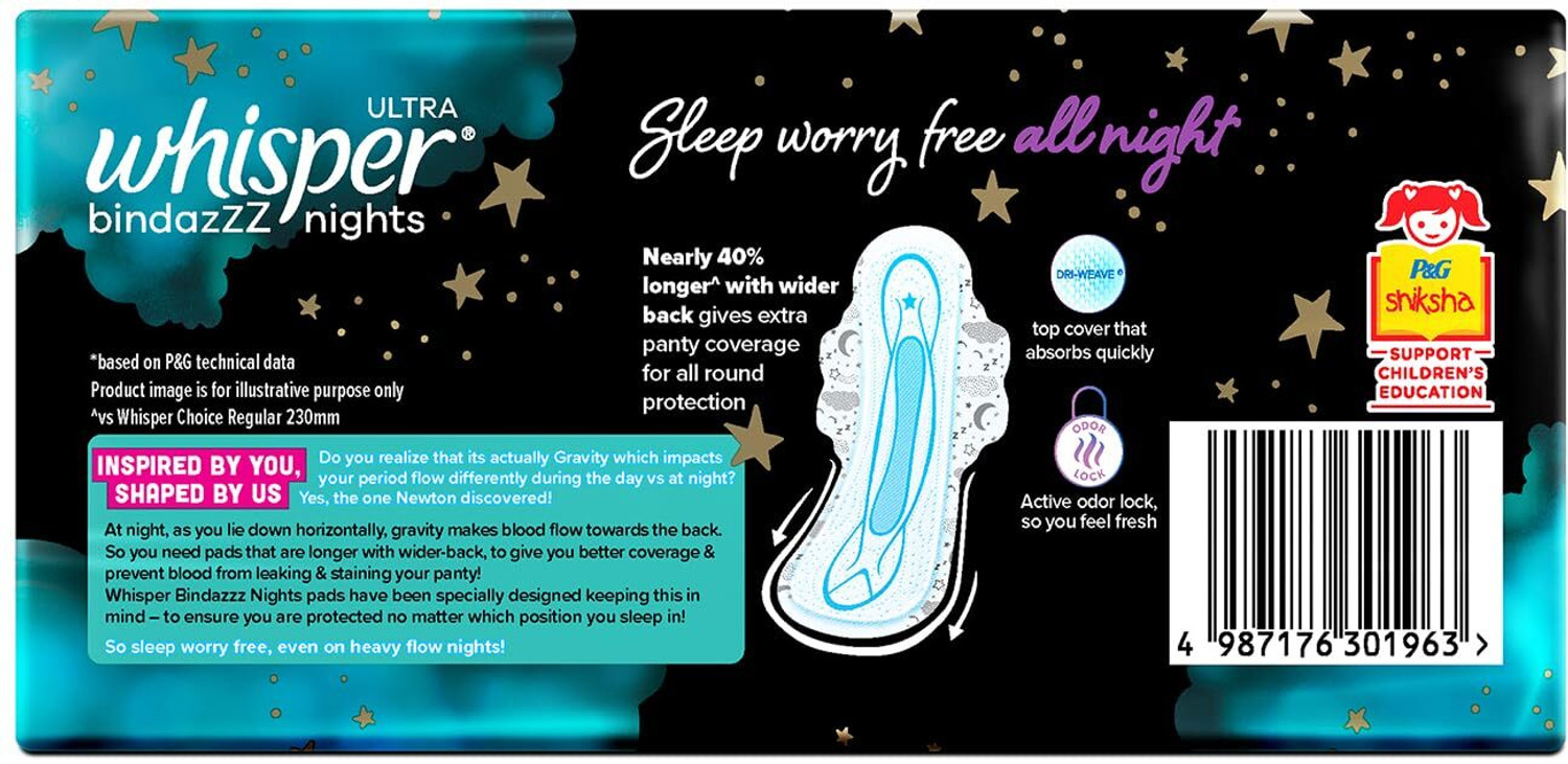 Image of Whisper bindazzZ nights XXL 30 Napkins Pads, 317mm UPTO 0% Leaks Sanitary Pad (Pack of 30)