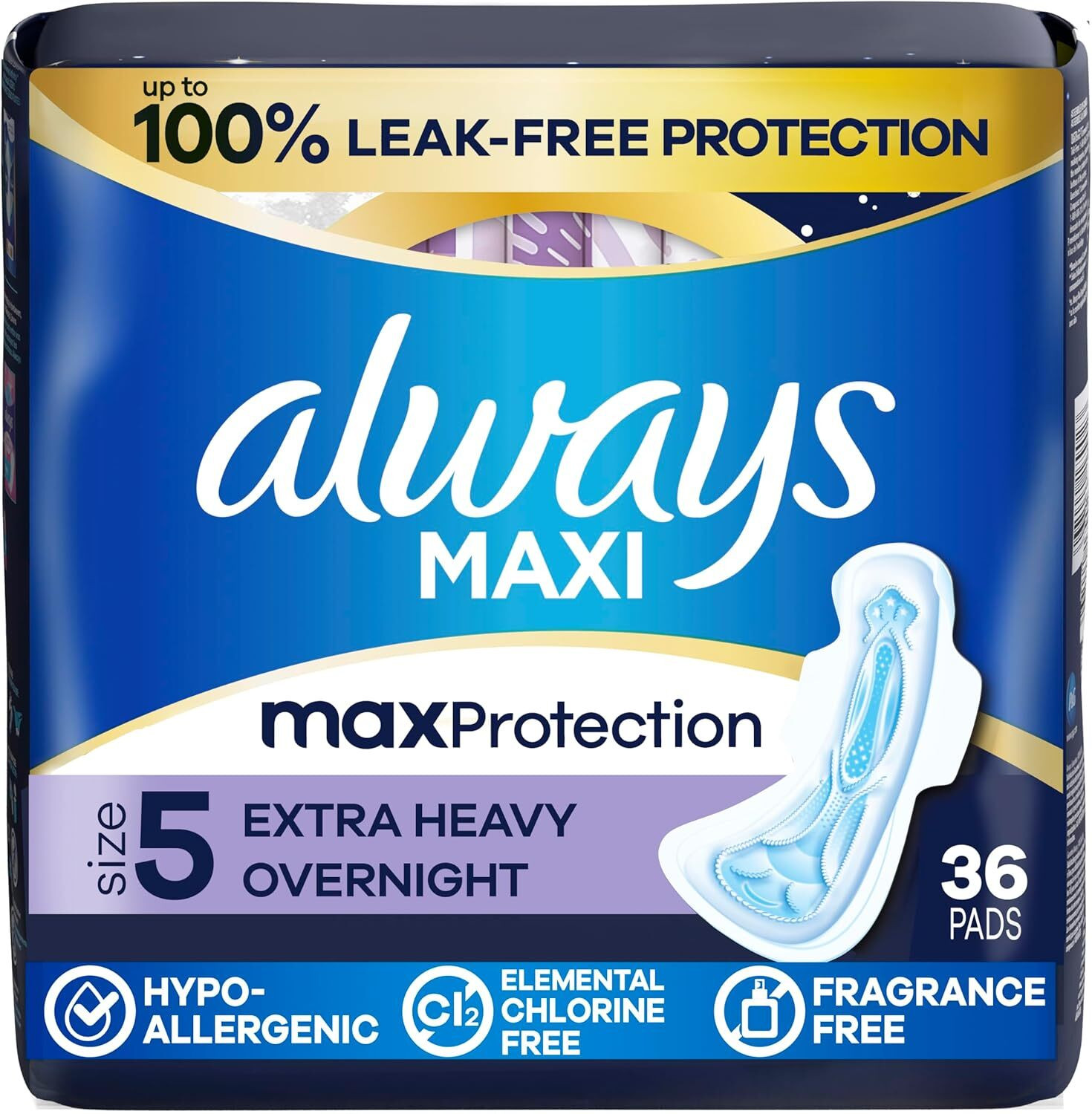 Image of Always Maxi Overnight Pads with Wings for Women, Size 5 Sanitary Pad