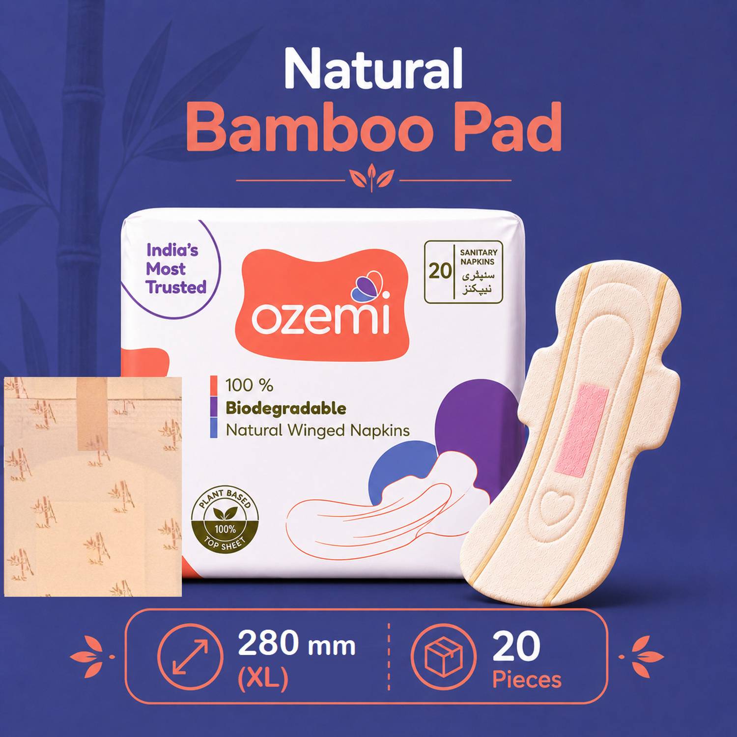 Ozemi Natural Bamboo Biodegradable Sanitary Napkin with 4X Absorption|280mm(XL) Sanitary Pad