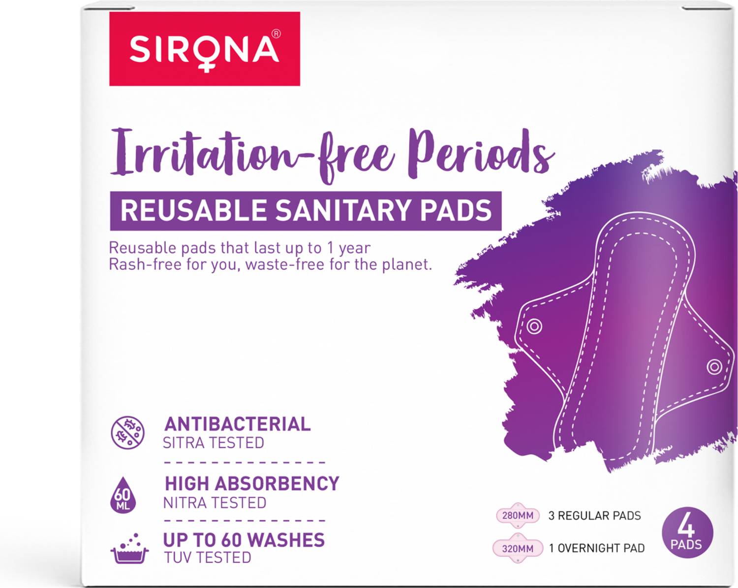 SIRONA Reusable Sanitary Pads for Women (3 Regular Pads + 1 Overnight Pad) Sanitary Pad