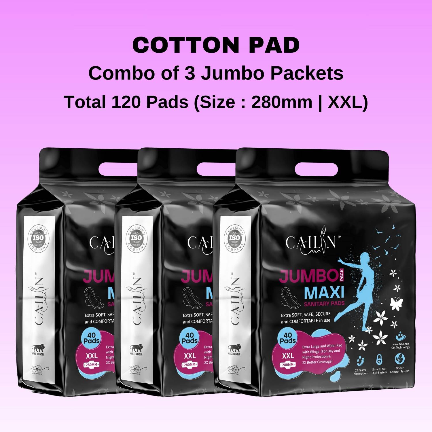 Cailin Care 280mm- XXL Jumbo SOFT COTTON Antibacterial Rash Free Extra Soft Sanitary Napkin Sanitary Pad