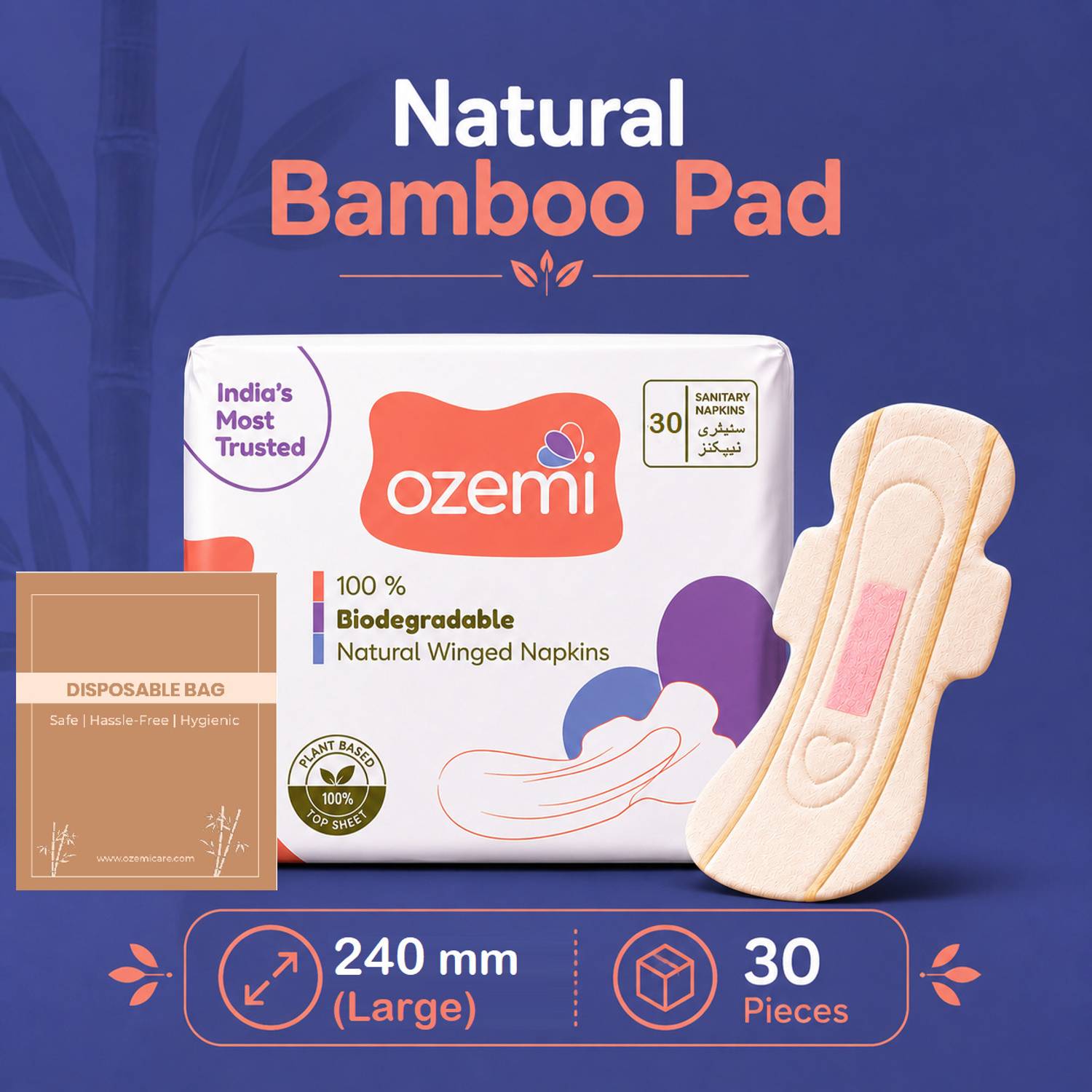 Ozemi Natural Bamboo Biodegradable Sanitary Napkin with 4X Absorption | 240 mm (Large) Sanitary Pad