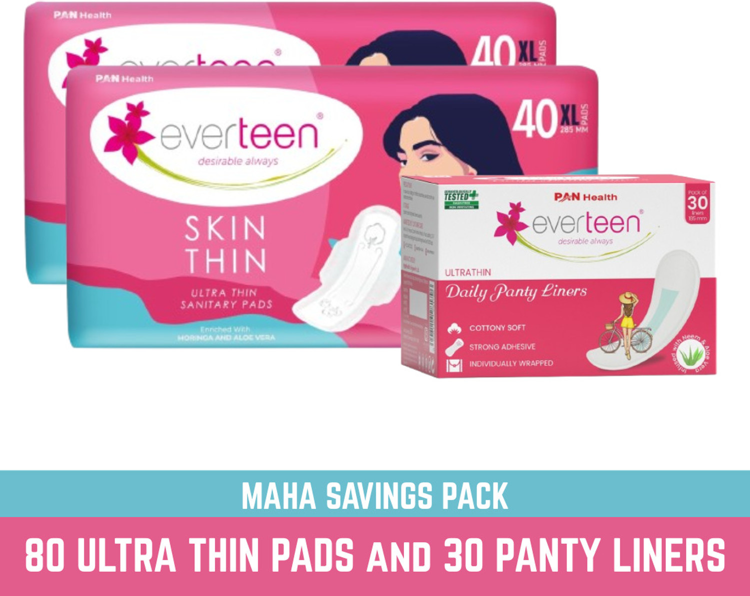 Image of everteen Combo Pack of 80 SKIN THIN Sanitary Napkin Pads and 30 Sanitary Pad