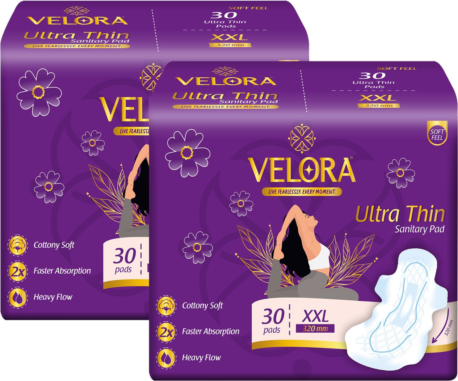 VELORA Premium Ultra Thin Trifold Sanitary Pads for Women XXL Size|320mm| Pack of 2 |60 Sanitary Pad