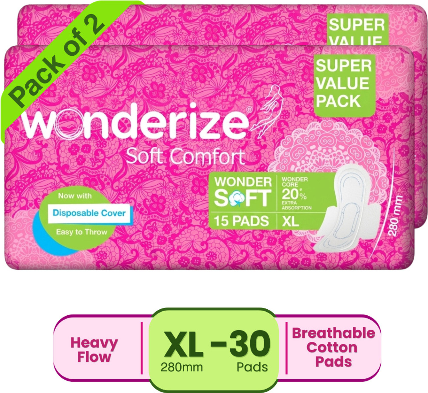 Image of Wonderize Soft Comfort XL Sanitary Napkin 30 Pads Combo of 2 With Disposable Pouch Sanitary Pad