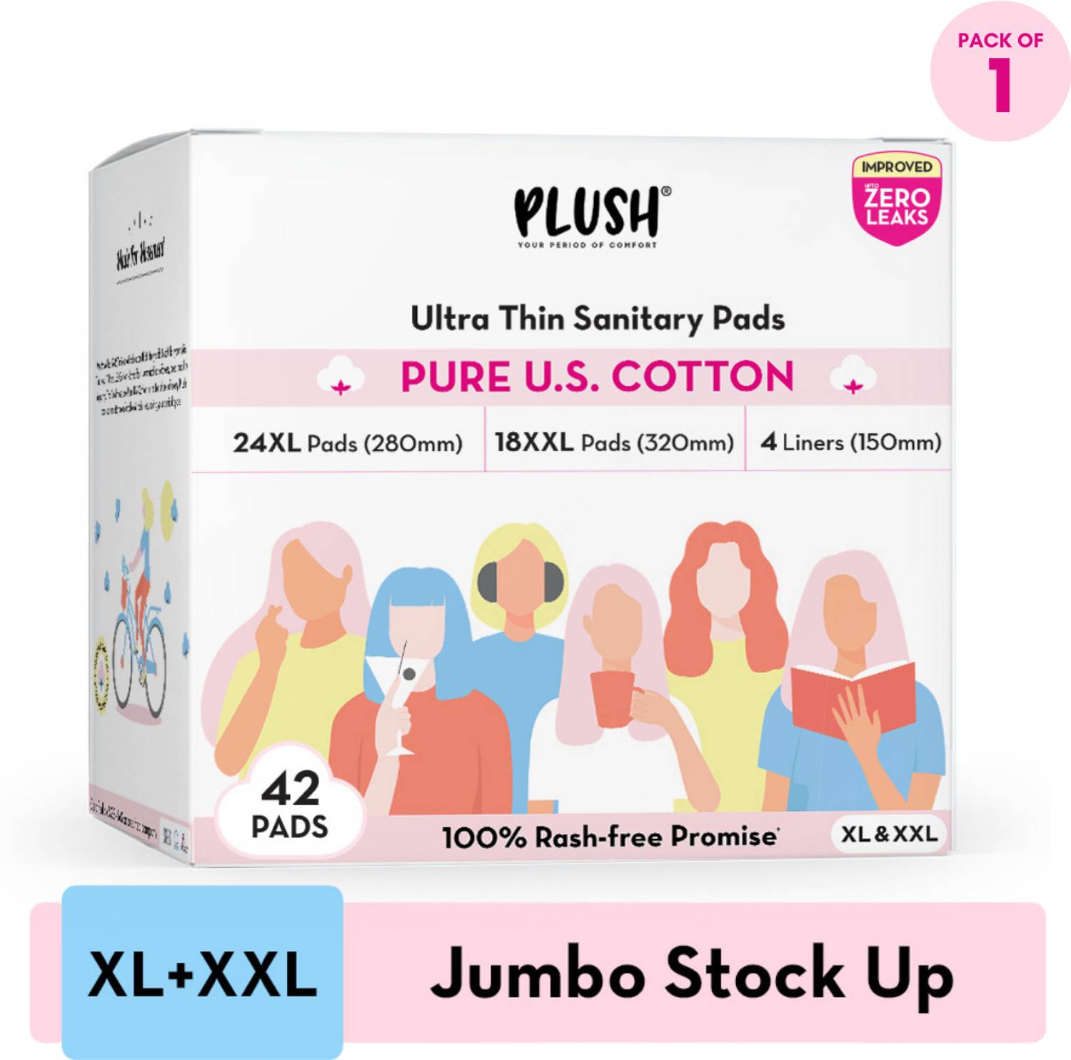 PLUSH Ultra Thin Sanitary Pads 100% US Cotton Rash-free | 24XL +18XXL + 4 Liners Sanitary Pad