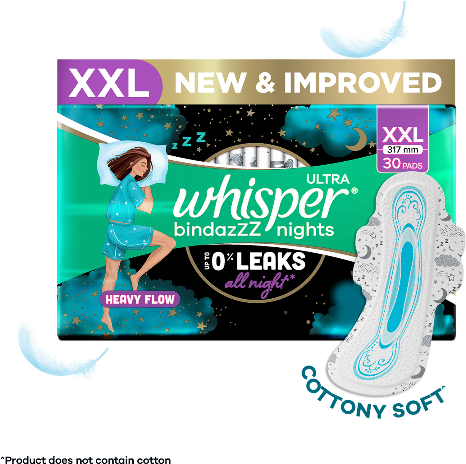Image of Whisper bindazzZ nights XXL 30 Napkins Pads, 317mm UPTO 0% Leaks Sanitary Pad (Pack of 30)