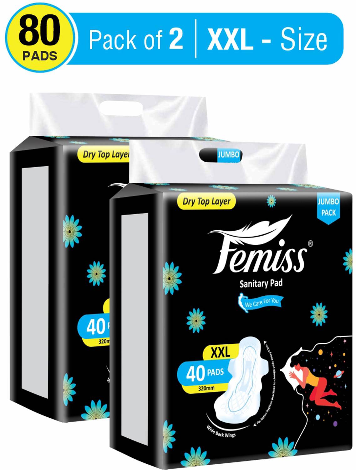 Femiss All Night Protection Quick Absorb Soft & Comfortable, Sanitary Pads, XXL 390MM Sanitary Pad