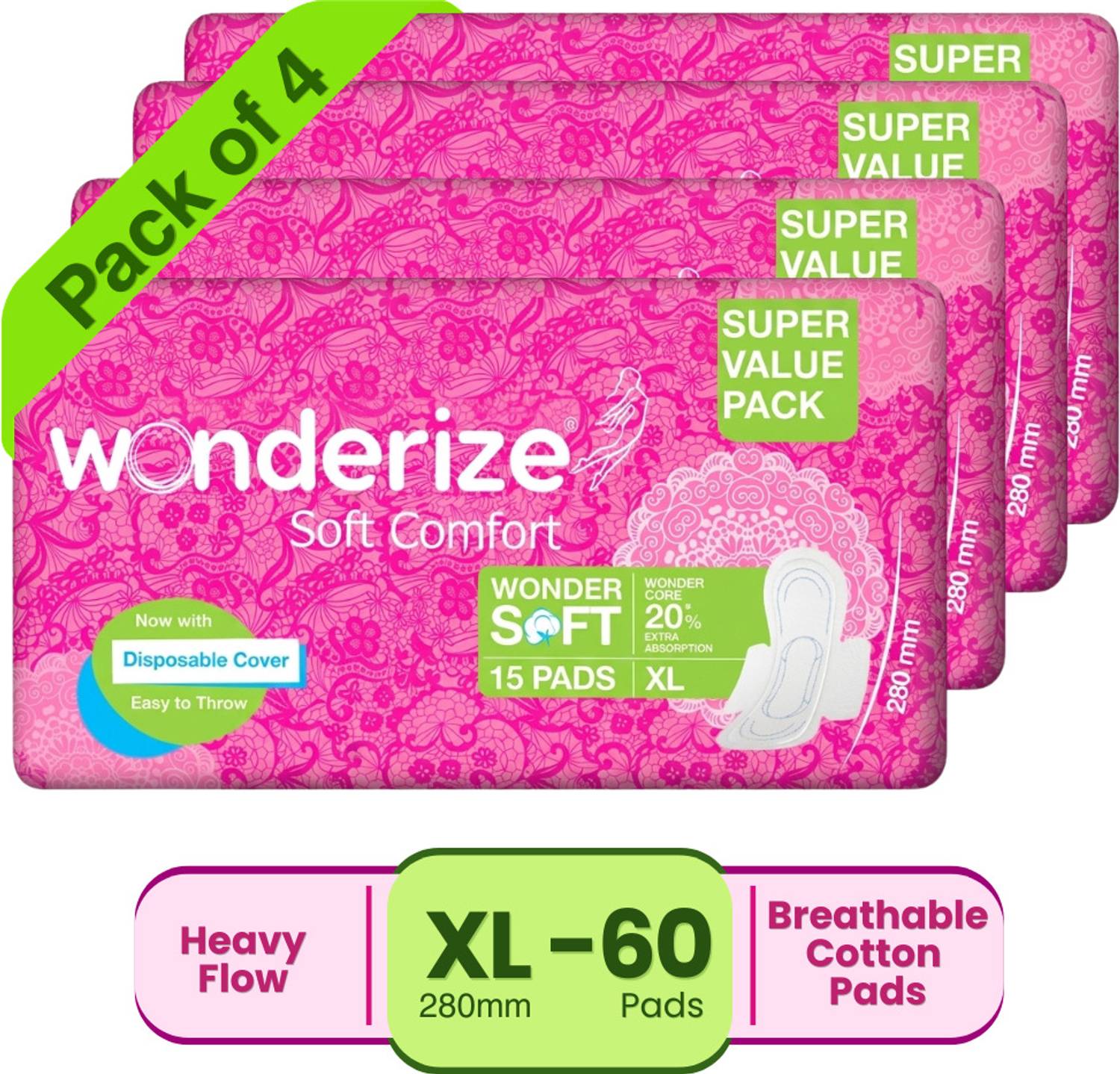 Wonderize Soft Comfort XL Sanitary Napkins - 60 Pads (Combo of 4) - With Disposable Pouch Sanitary Pad