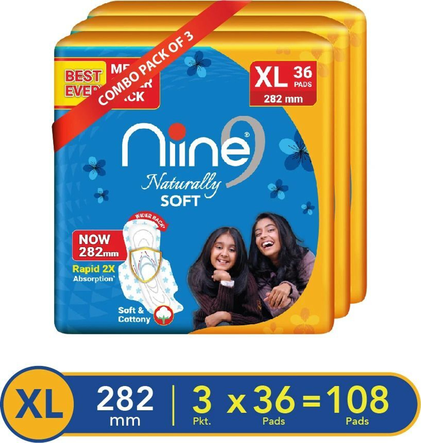 niine Naturally Soft XL Pads With Anti Leak Flow, Extra Soft and Cottony Sanitary Pad
