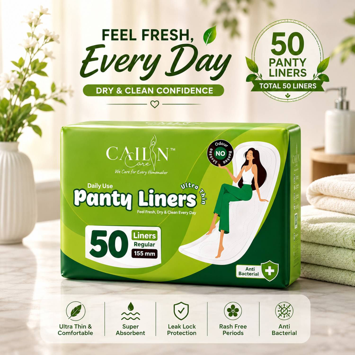 Cailin Care Cotton Daily Use Panty Liner for irregular Periods (Size - 155mm|Regular) Pantyliner
