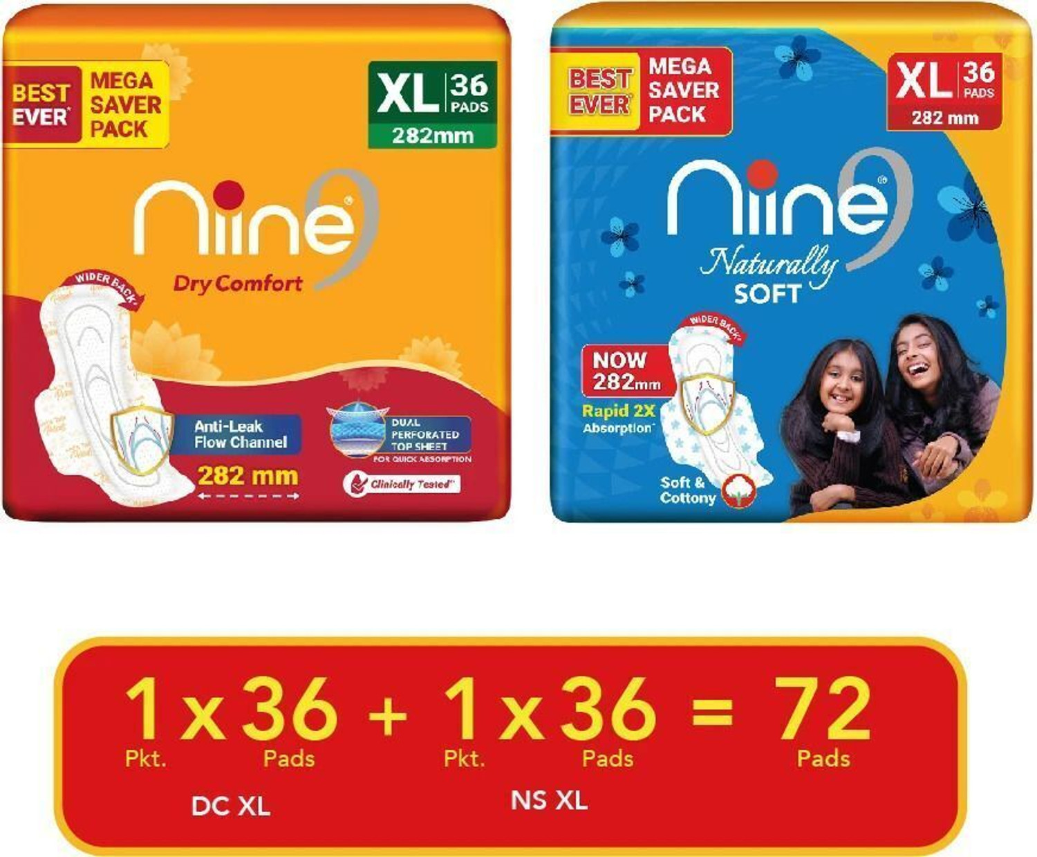 Image of niine Dry Comfort and Naturally Soft Combo of 2|Xtra Large |Anti Leak Flow Channel Sanitary Pad