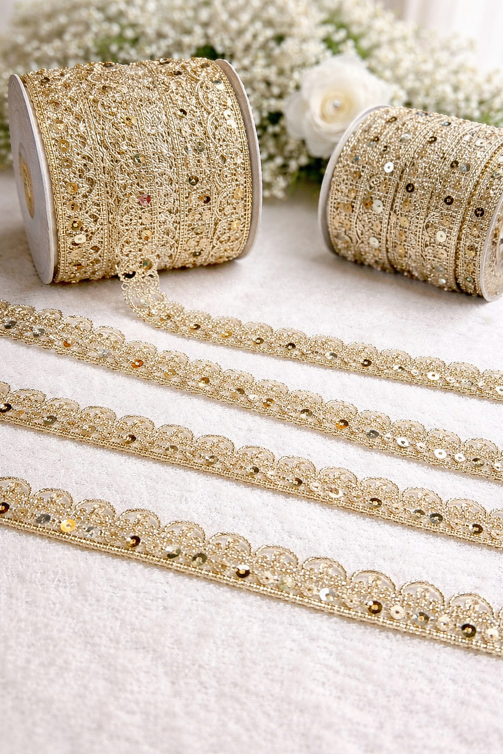 Image of CKCREATION Golden Color Premium Look Lace Boder (8 meter) Lace Saree Falls