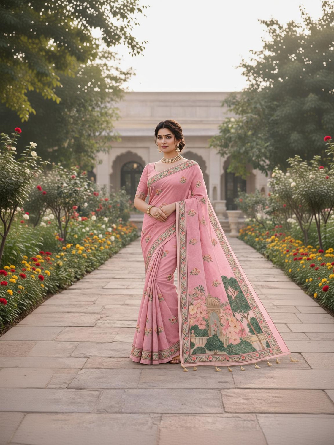 Image of NIDHI CREATION Floral Print, Printed Assam Silk Linen Saree (Pink)