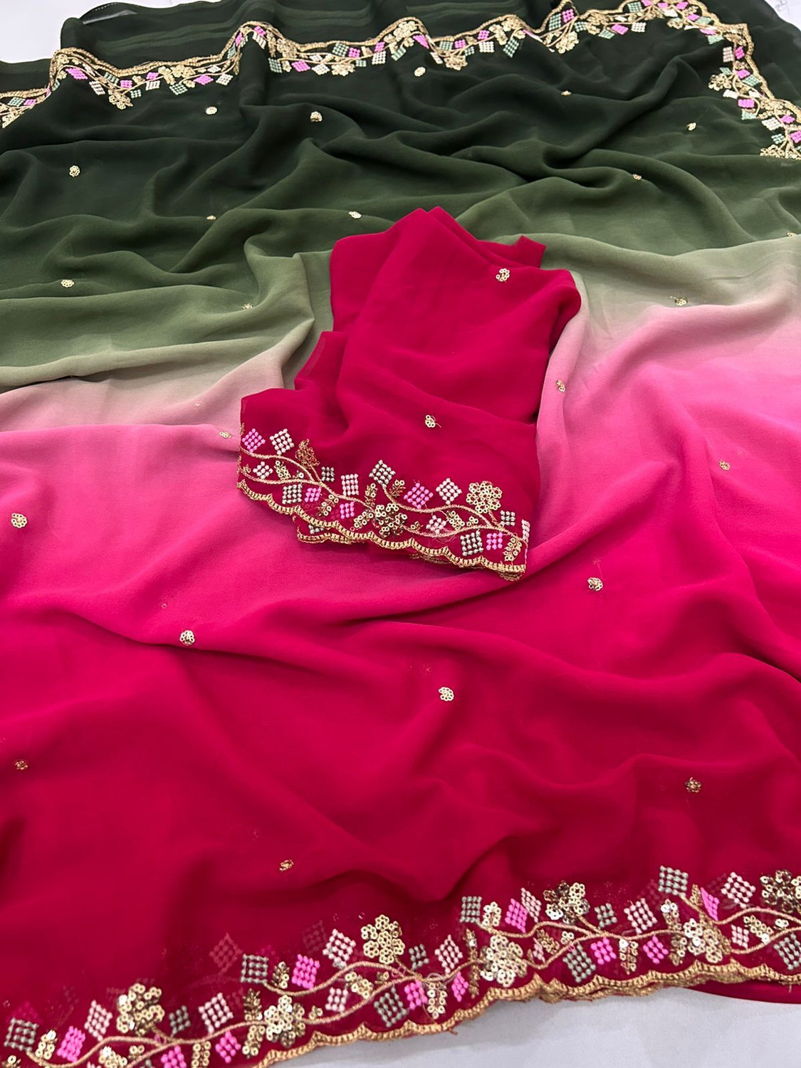 Image of Classy Fashion Ombre, Embroidered Bollywood Georgette Saree