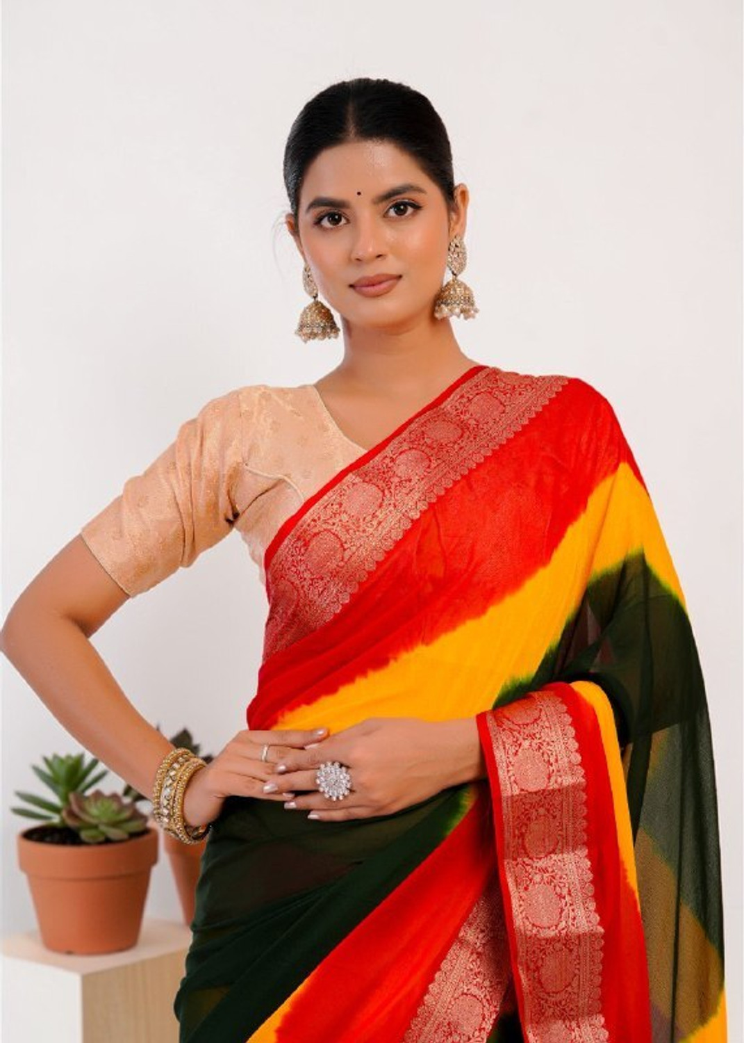 Image of KALYANSAREE Color Block Leheria Art Silk, Nylon Saree