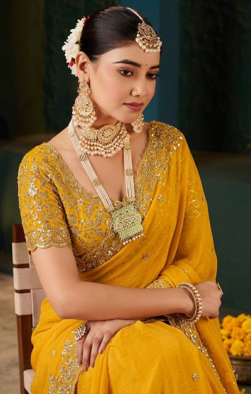 Image of Shree Paras Collection Embroidered, Embellished Bollywood Chiffon, Nylon Saree (Yellow)
