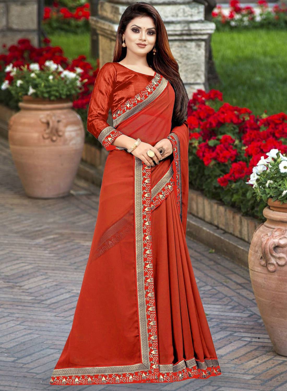 HNC Retail Solid/Plain Bollywood Lycra Blend, Chiffon Saree (Red)