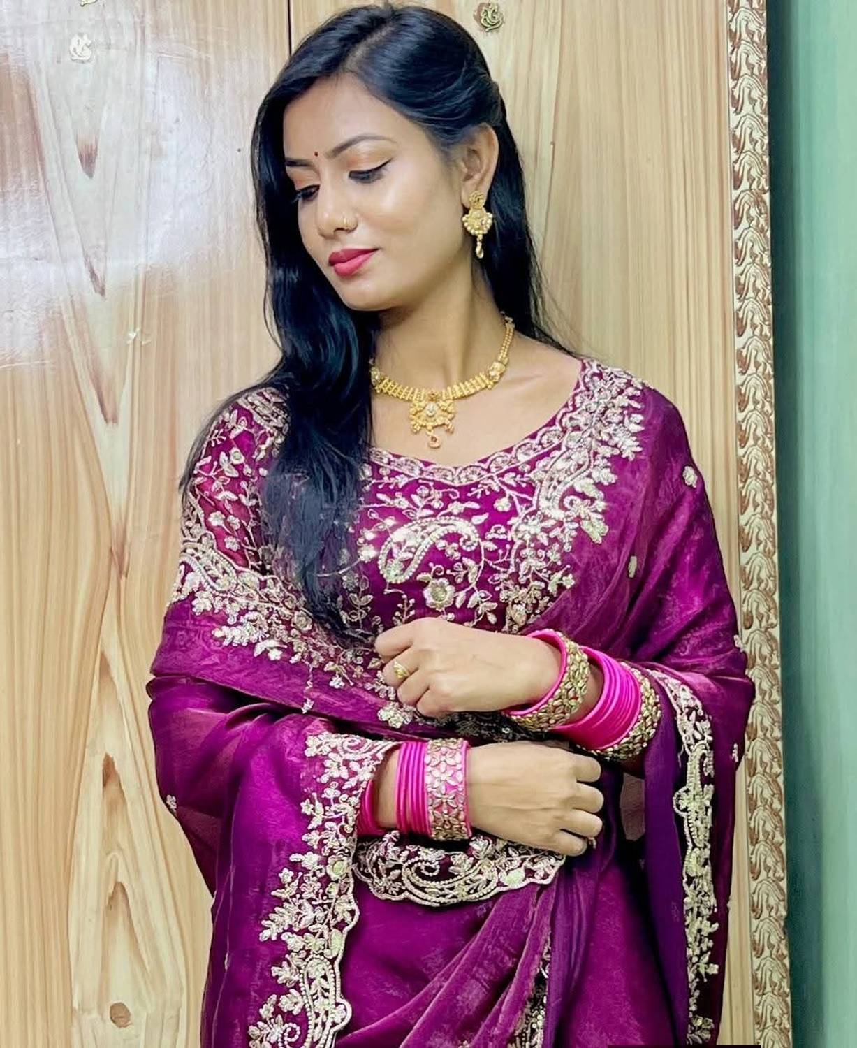 Apraxa Embroidered Bollywood Silk Saree Purple - Image 1