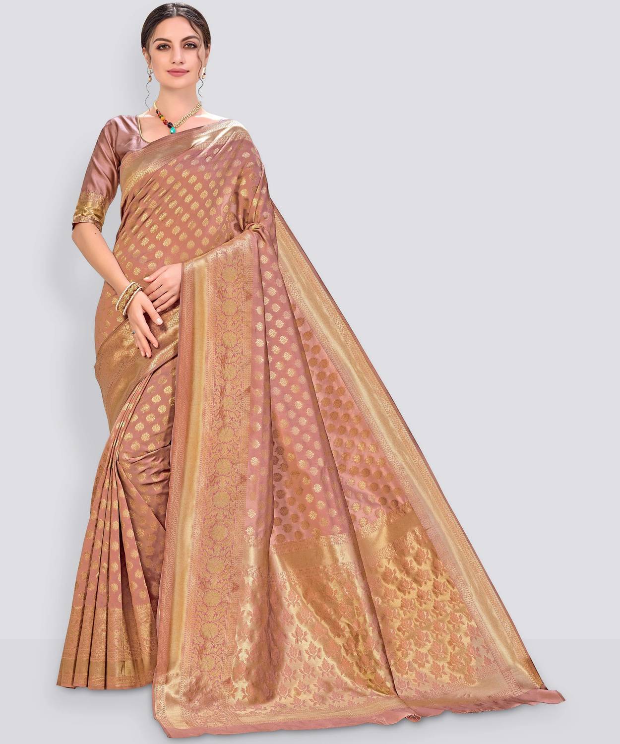 Sariya Woven Banarasi Silk Blend Saree (Brown)