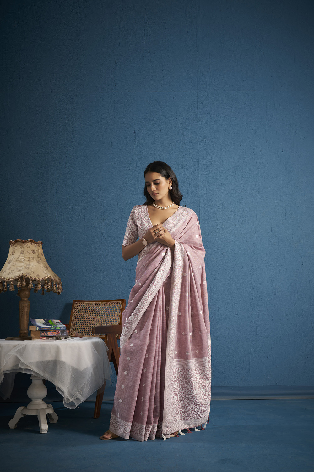 Image of Elora Woven, Self Design, Embroidered Daily Wear Linen Saree