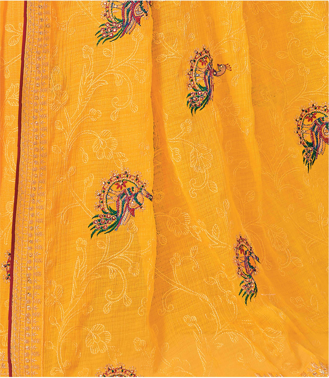 Image of Laxmipati sarees Embroidered Saree with Attached Blouse Chiffon Saree (Yellow)