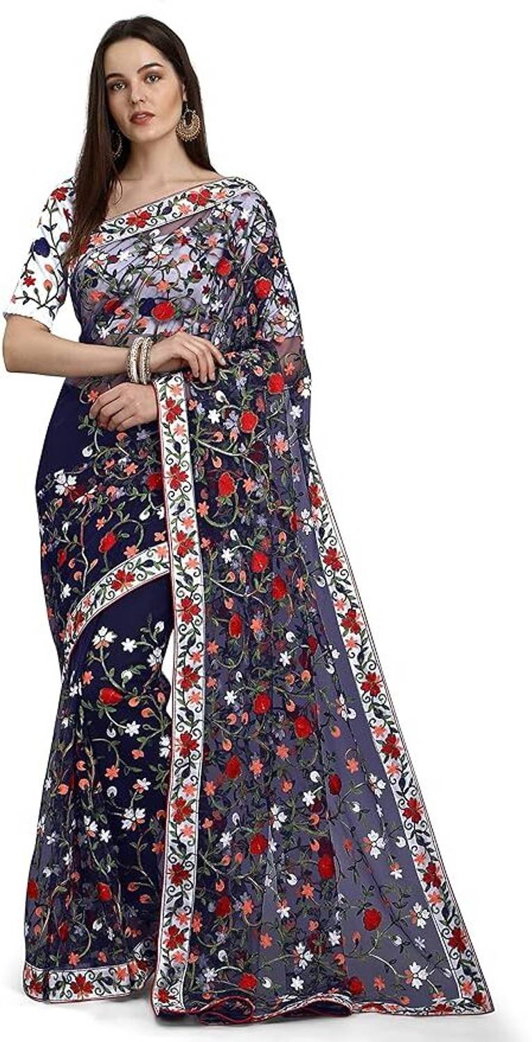 ELITEVIBE Embroidered, Floral Print Bollywood Net Saree