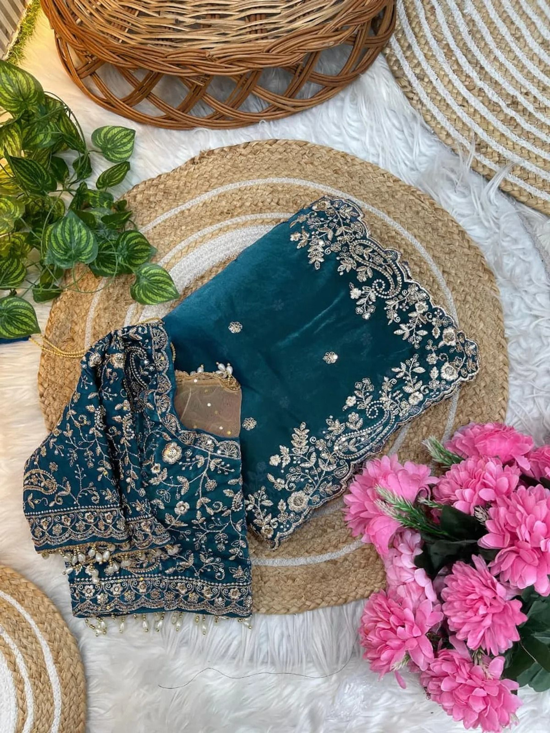 Image of ETHNORA Embroidered, Embellished Bollywood Jimmy Jimmy, Pure Silk Saree (Green)