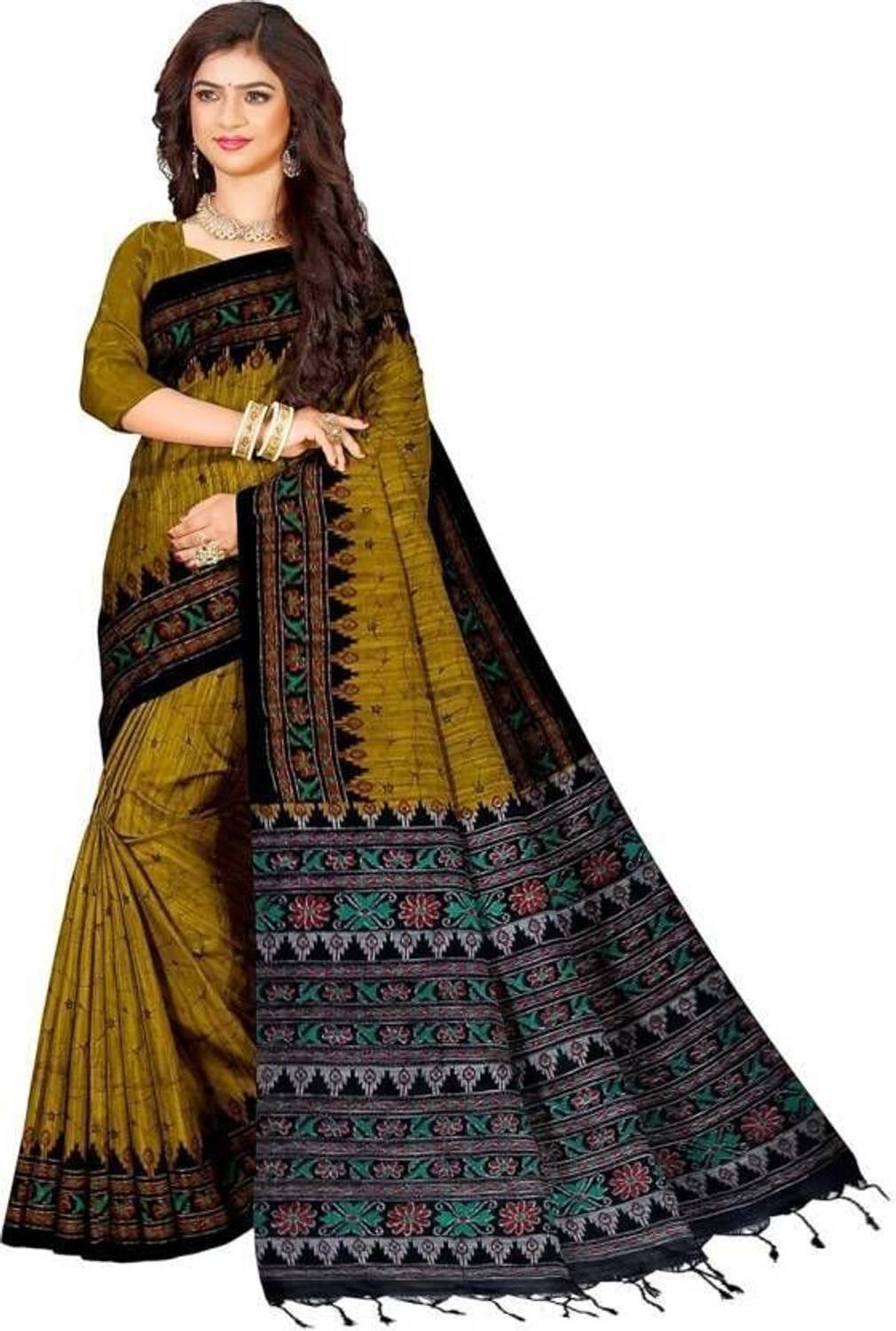 Joyguru Textile Printed Ikkat Cotton Blend Saree