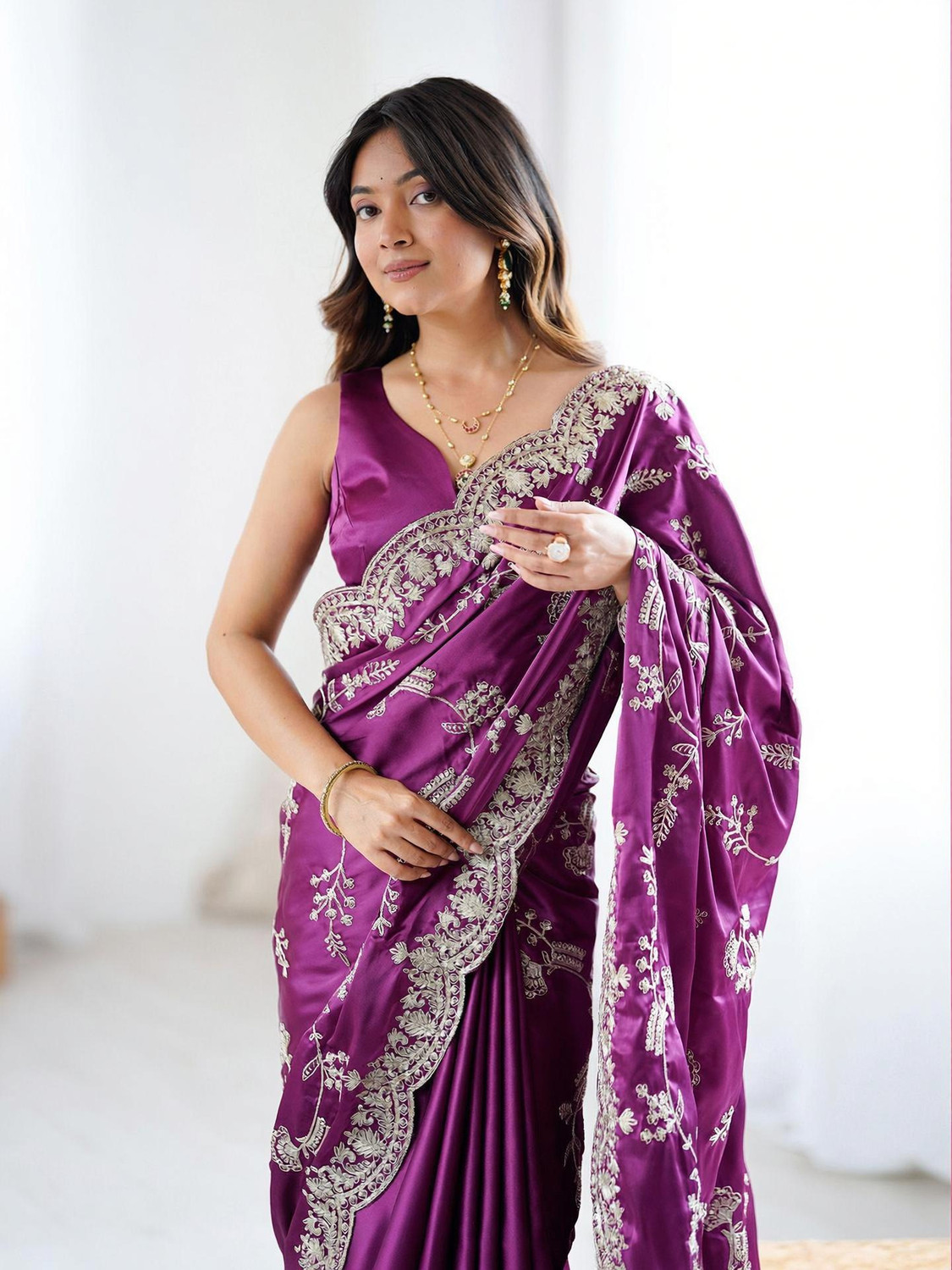 Image of Satrani Embroidered, Embellished Bollywood Satin Saree